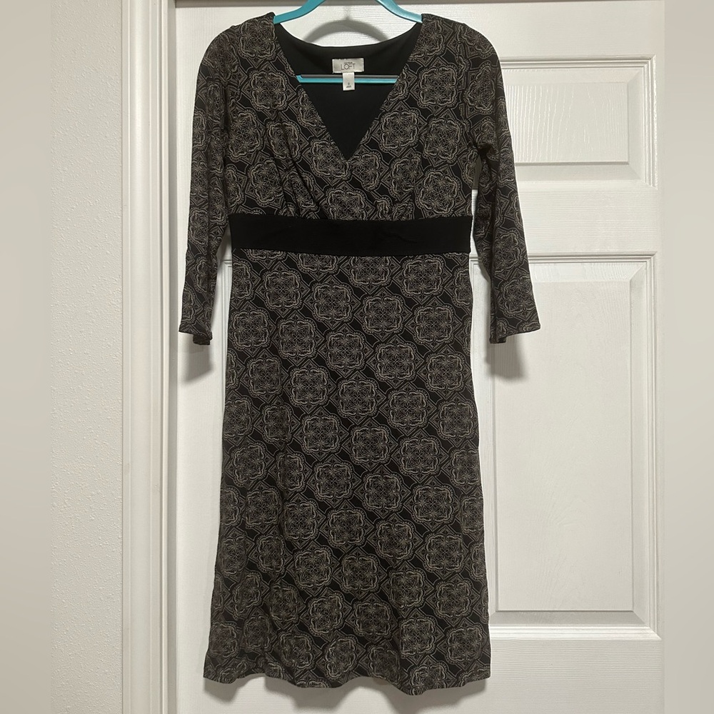 Ann Taylor LOFT Black Brown/Tan Pattern 3/4 Sleeve Soft Dress Women’s 0